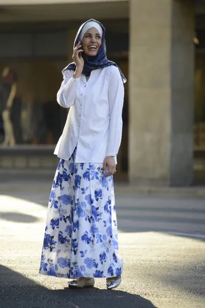 Blue Floral Print Box Pleat Maxi Skirt with Yoke