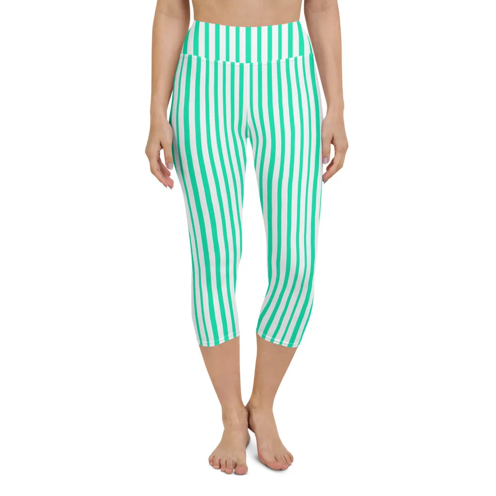 Blue Striped Yoga Capri Leggings, Circus Stripes Women's Yoga Tights-Made in USA/EU