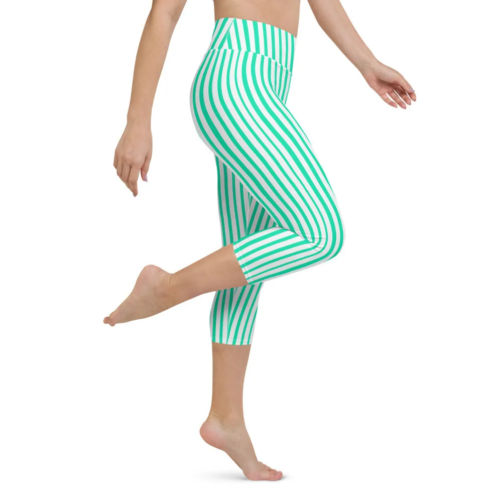 Blue Striped Yoga Capri Leggings, Circus Stripes Women's Yoga Tights-Made in USA/EU