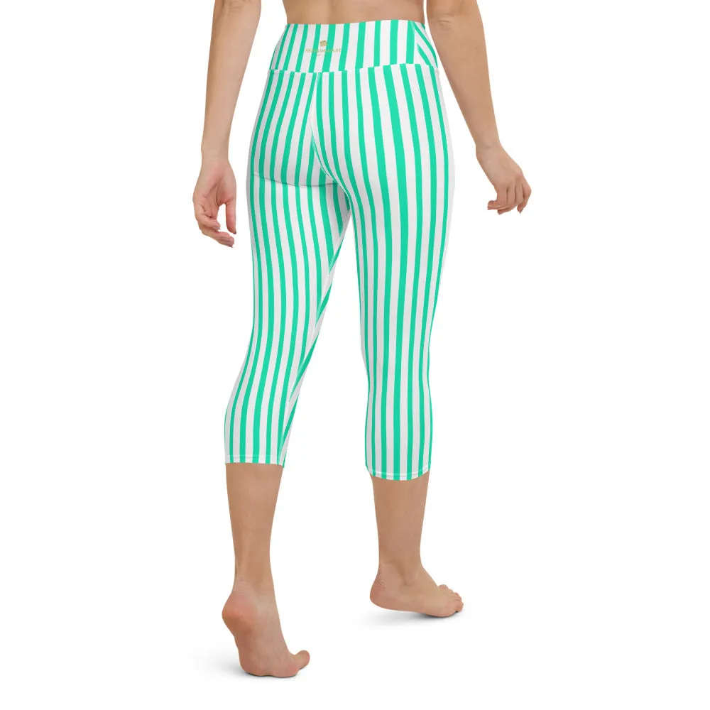 Blue Striped Yoga Capri Leggings, Circus Stripes Women's Yoga Tights-Made in USA/EU