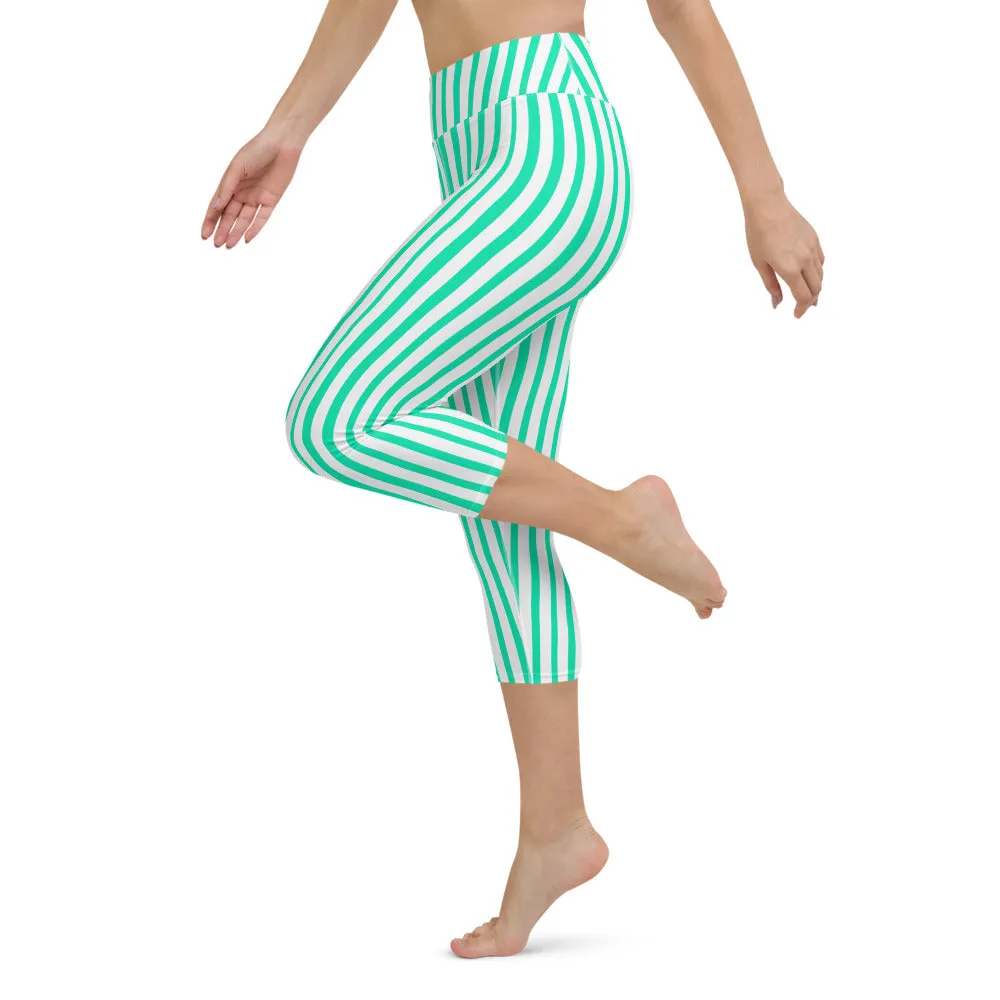 Blue Striped Yoga Capri Leggings, Circus Stripes Women's Yoga Tights-Made in USA/EU