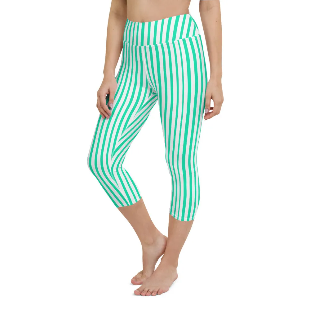 Blue Striped Yoga Capri Leggings, Circus Stripes Women's Yoga Tights-Made in USA/EU