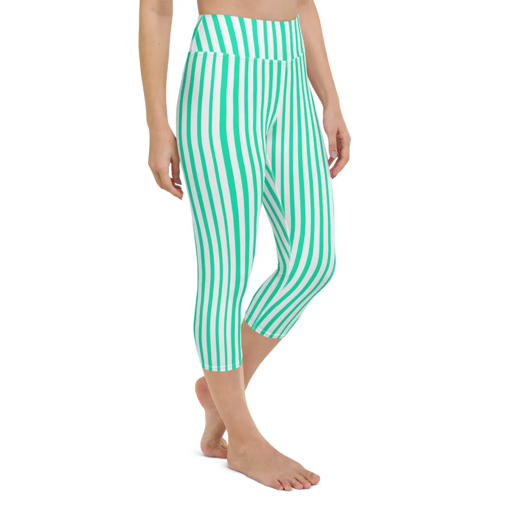 Blue Striped Yoga Capri Leggings, Circus Stripes Women's Yoga Tights-Made in USA/EU