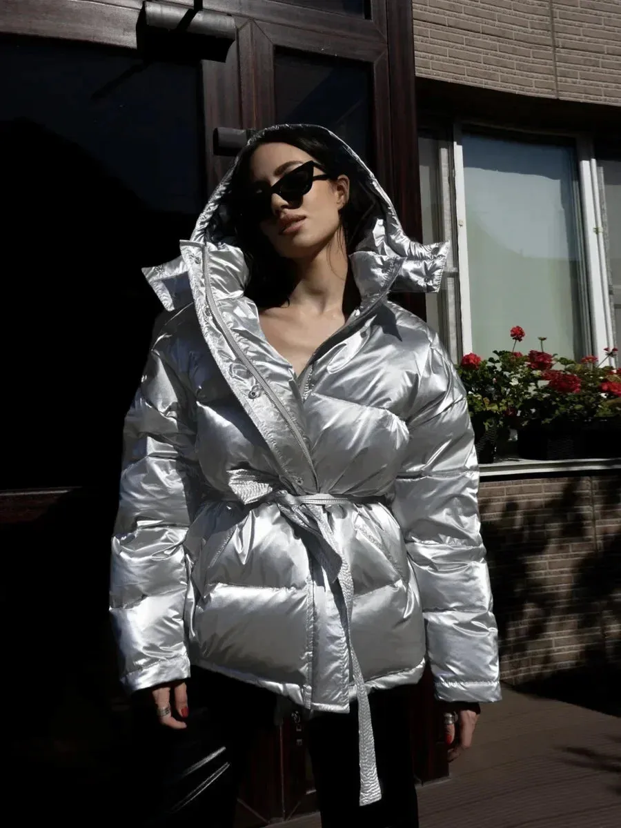 Bonnyshow Autumn Winter Thicken Warm Glossy Coat Women's Fashion Sports  Puffer Coats Loose Casual Bread Cotton Jacket Chic Parkas