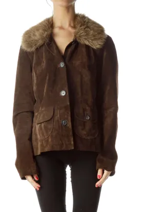 Brown Faux-Fur Collar Buttoned Leather Jacket