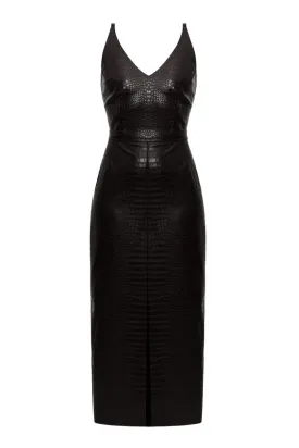 CALISTA BLACK VEGAN LEATHER MIDI DRESS