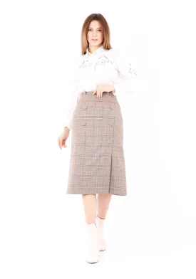 Camel Midi Tartan Straight Plaid Belted Skirt with Decorative Buttons