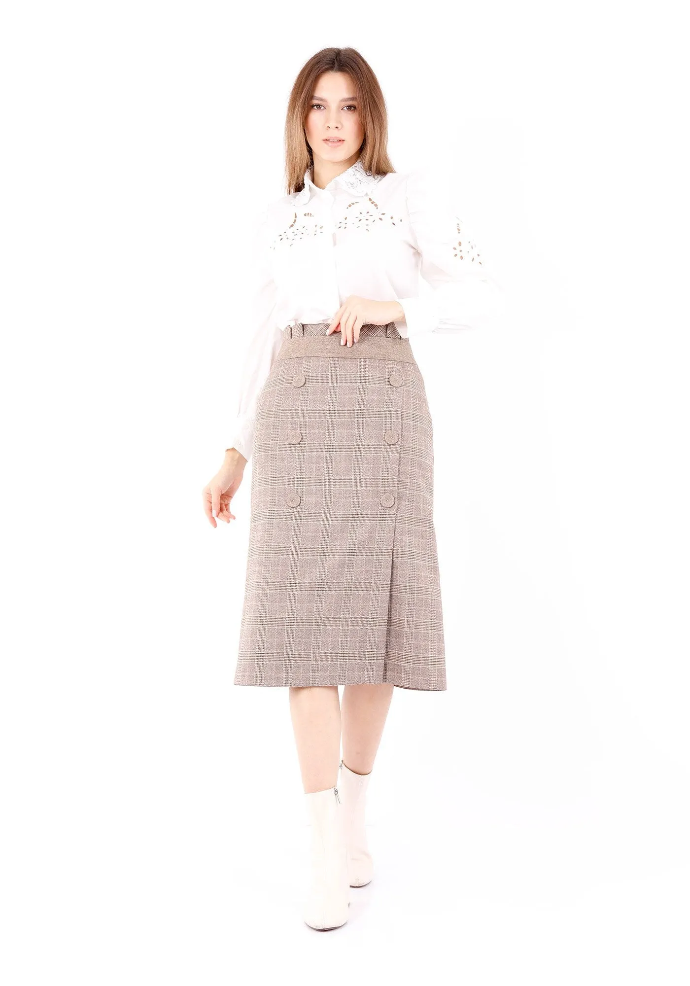 Camel Midi Tartan Straight Plaid Belted Skirt with Decorative Buttons