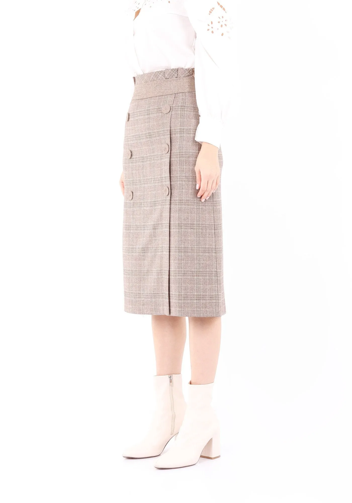 Camel Midi Tartan Straight Plaid Belted Skirt with Decorative Buttons