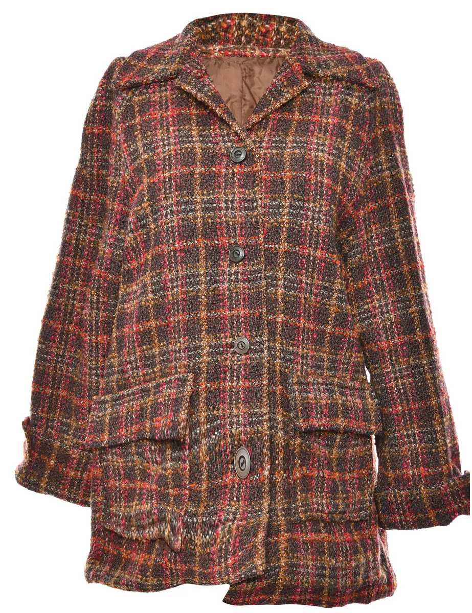 Checked Brown Wool Coat - M