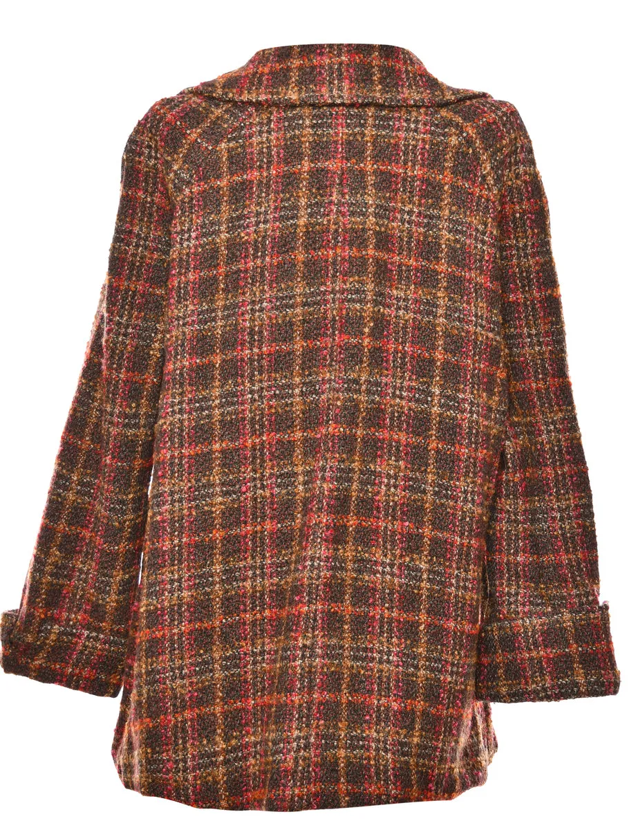 Checked Brown Wool Coat - M