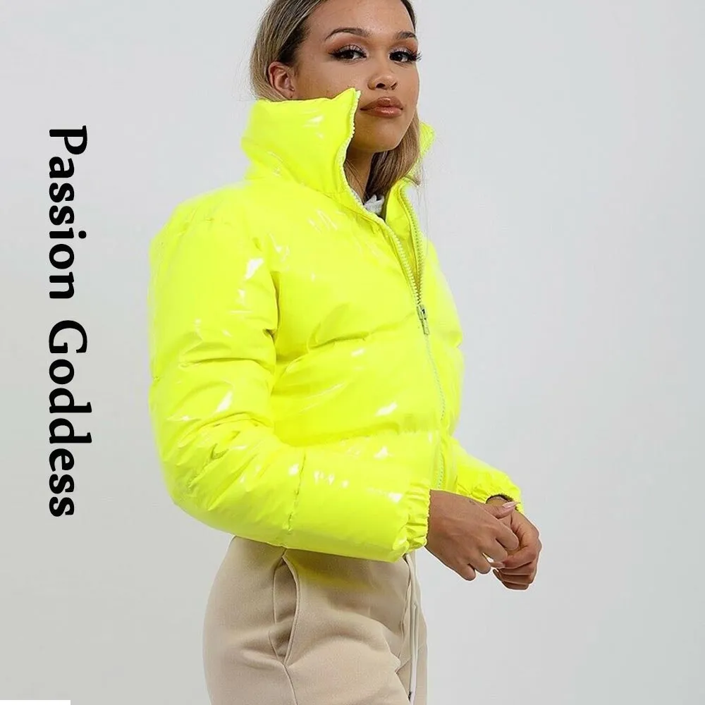 cold weather outfits Joskaa Autumn Winter Women Bright PU Puffer Jackets Warm Bubble Coat Down Parkas Outcoat Zipper Jacket Cute Pink Cropped Parkas XXL