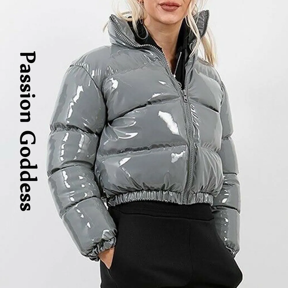 cold weather outfits Joskaa Autumn Winter Women Bright PU Puffer Jackets Warm Bubble Coat Down Parkas Outcoat Zipper Jacket Cute Pink Cropped Parkas XXL