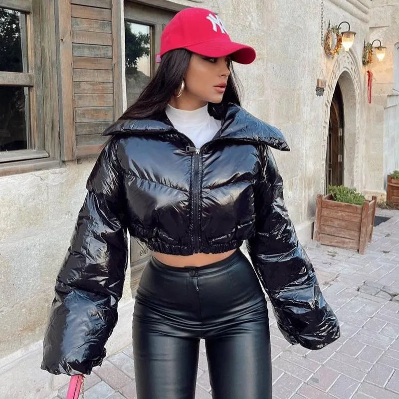 cold weather outfits Joskaa Fashion Women Shinny PU Leather Short Puffer Jacket Thick Bubble Coats Outerwear Glossy Leather Parka Down Zipper Cropped Jacket