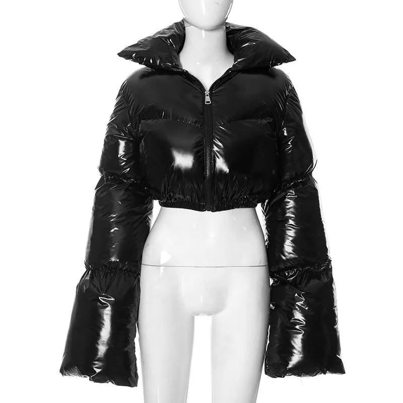 cold weather outfits Joskaa Fashion Women Shinny PU Leather Short Puffer Jacket Thick Bubble Coats Outerwear Glossy Leather Parka Down Zipper Cropped Jacket