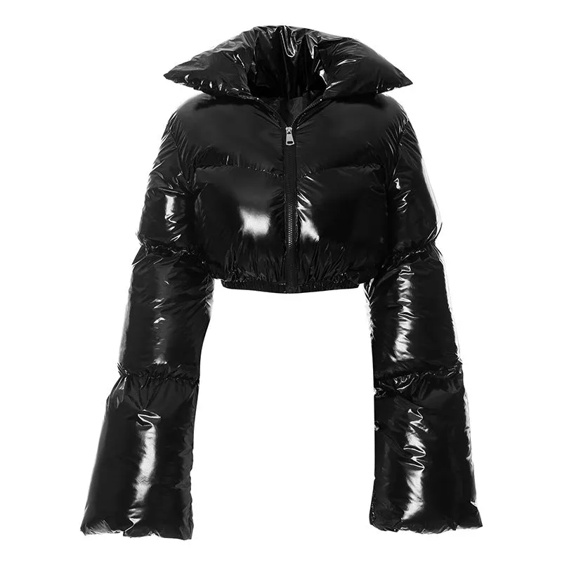 cold weather outfits Joskaa Fashion Women Shinny PU Leather Short Puffer Jacket Thick Bubble Coats Outerwear Glossy Leather Parka Down Zipper Cropped Jacket