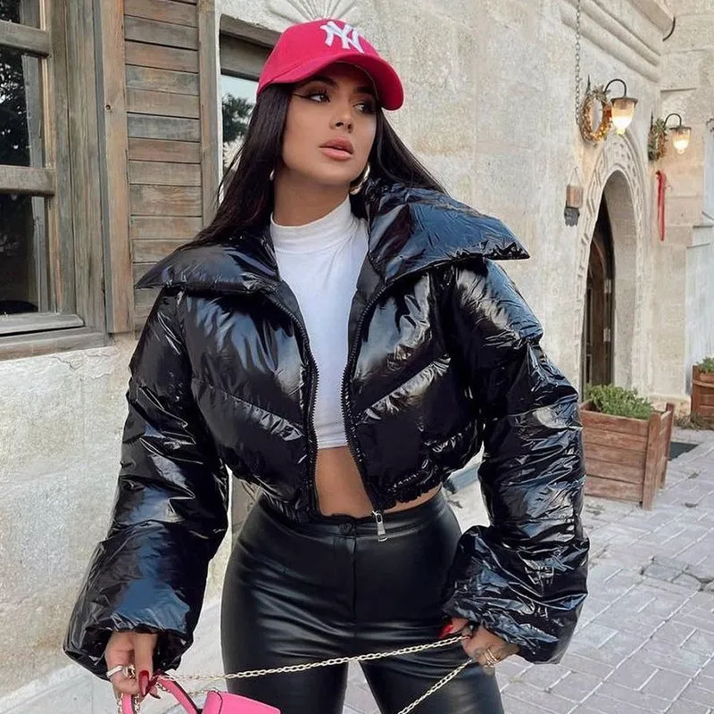 cold weather outfits Joskaa Fashion Women Shinny PU Leather Short Puffer Jacket Thick Bubble Coats Outerwear Glossy Leather Parka Down Zipper Cropped Jacket