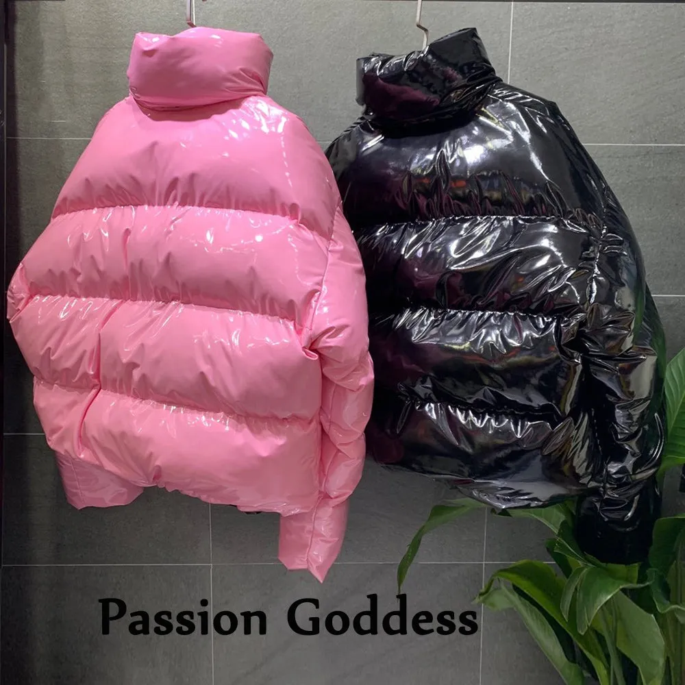 cold weather outfits Joskaa Winter Women Bright PU Pink Puffer Jacket Thick Bubble Coat Zipper Glossy Leather Down Parka Outerwear Stand Collar Loose Jacket