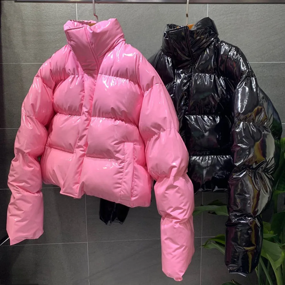 cold weather outfits Joskaa Winter Women Bright PU Pink Puffer Jacket Thick Bubble Coat Zipper Glossy Leather Down Parka Outerwear Stand Collar Loose Jacket