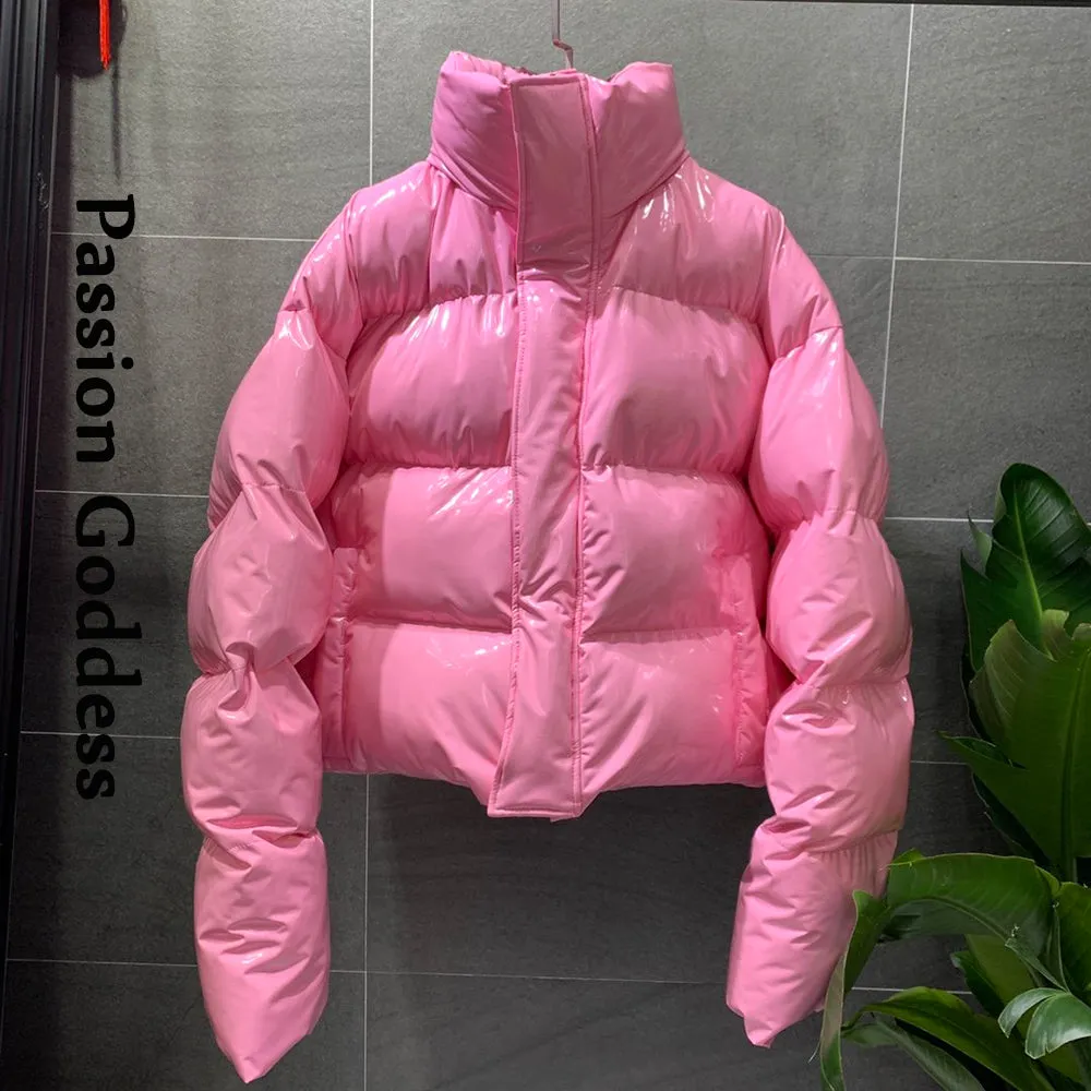 cold weather outfits Joskaa Winter Women Bright PU Pink Puffer Jacket Thick Bubble Coat Zipper Glossy Leather Down Parka Outerwear Stand Collar Loose Jacket