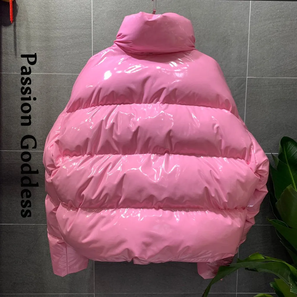 cold weather outfits Joskaa Winter Women Bright PU Pink Puffer Jacket Thick Bubble Coat Zipper Glossy Leather Down Parka Outerwear Stand Collar Loose Jacket