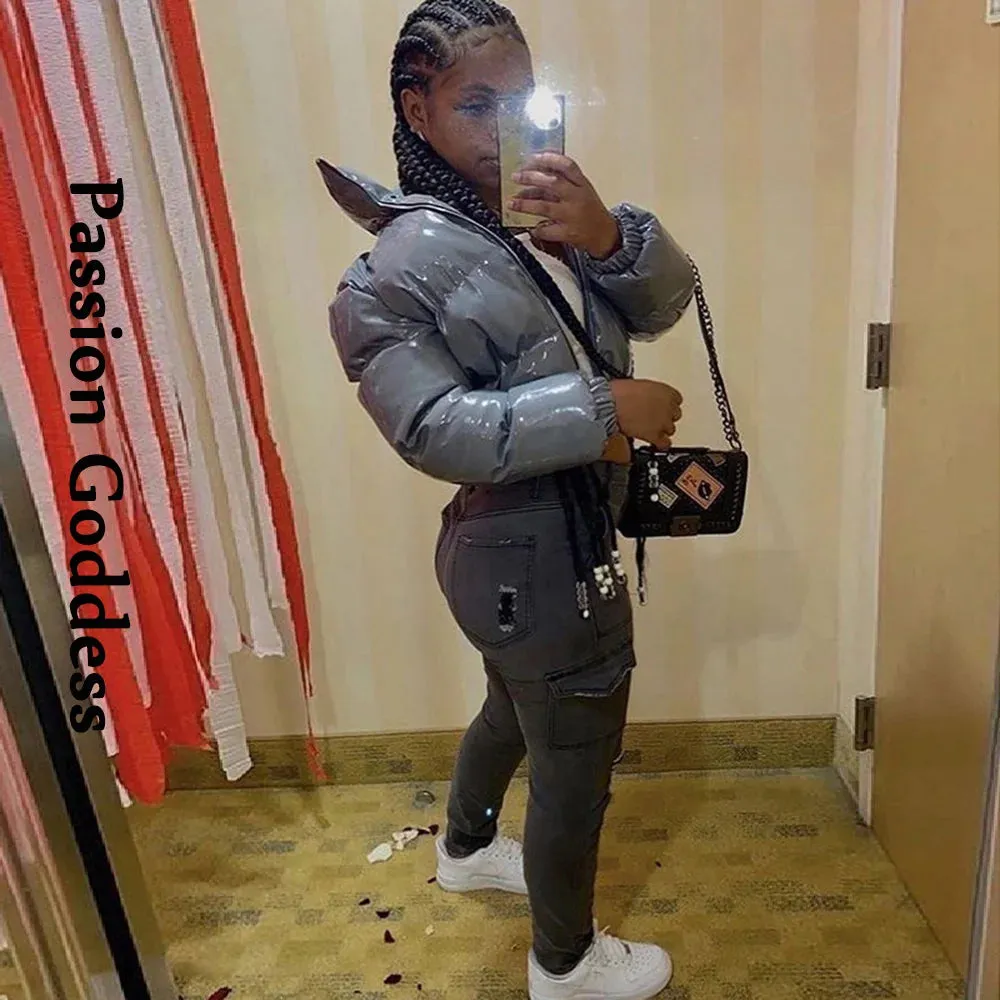 cold weather outfits Joskaa Women Shiny Gray PU Leather Down Puffer Jackets Winter Glossy Leather Bubble Coats Thick Parkas Down Zipper Puffy Jacket Parkas