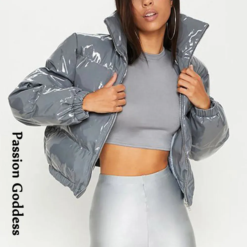 cold weather outfits Joskaa Women Shiny Gray PU Leather Down Puffer Jackets Winter Glossy Leather Bubble Coats Thick Parkas Down Zipper Puffy Jacket Parkas