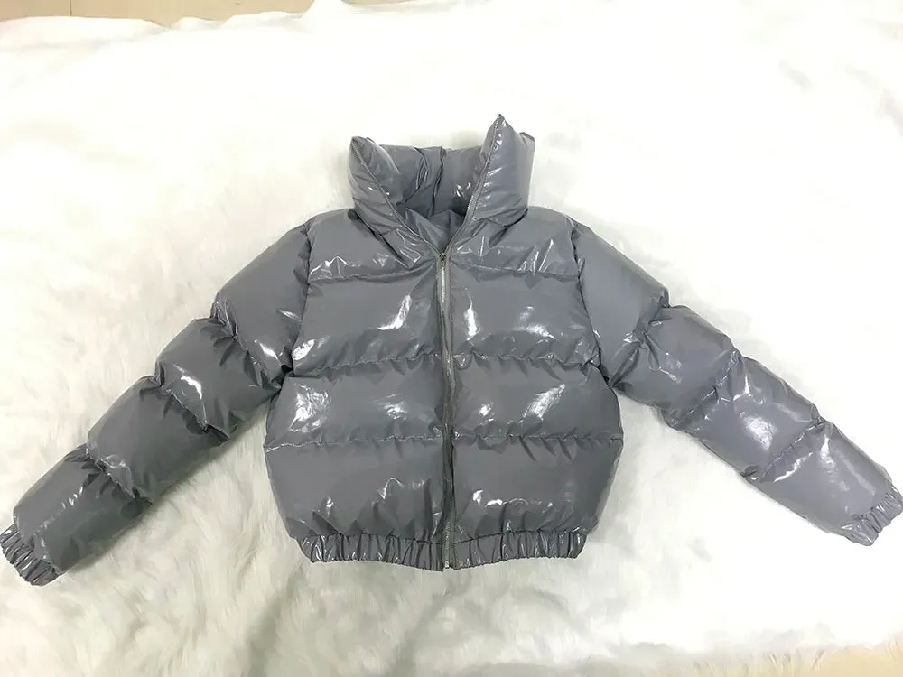 cold weather outfits Joskaa Women Shiny Gray PU Leather Down Puffer Jackets Winter Glossy Leather Bubble Coats Thick Parkas Down Zipper Puffy Jacket Parkas