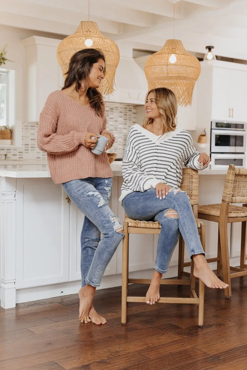 Coziest Cream Striped V-Neck Sweater