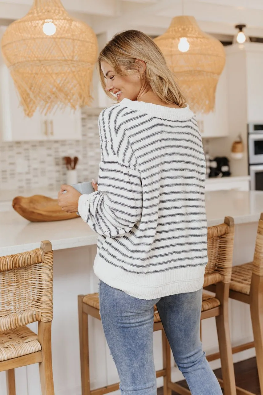 Coziest Cream Striped V-Neck Sweater