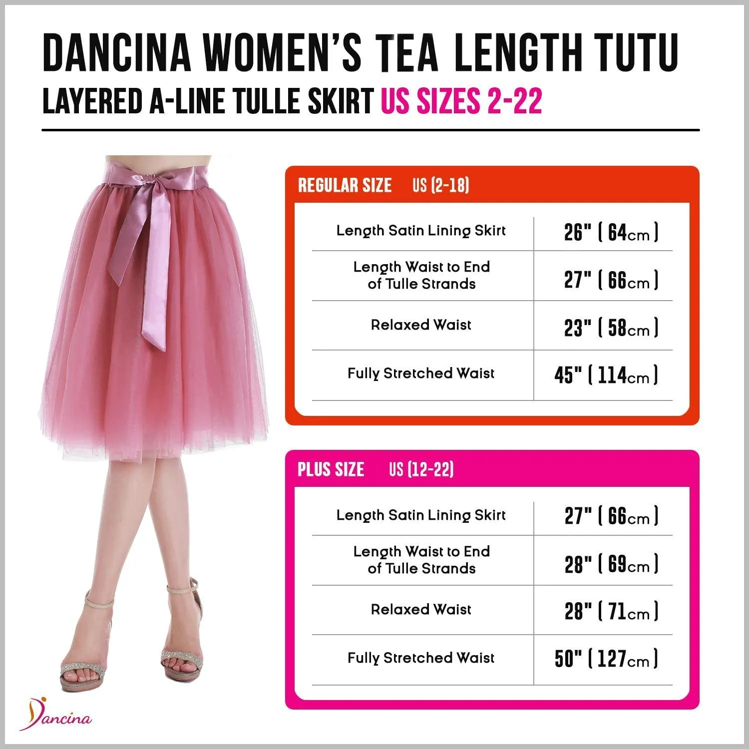 Dancina Women's A-Line Tea Length Midi Tulle Skirt - Regular and Plus Size