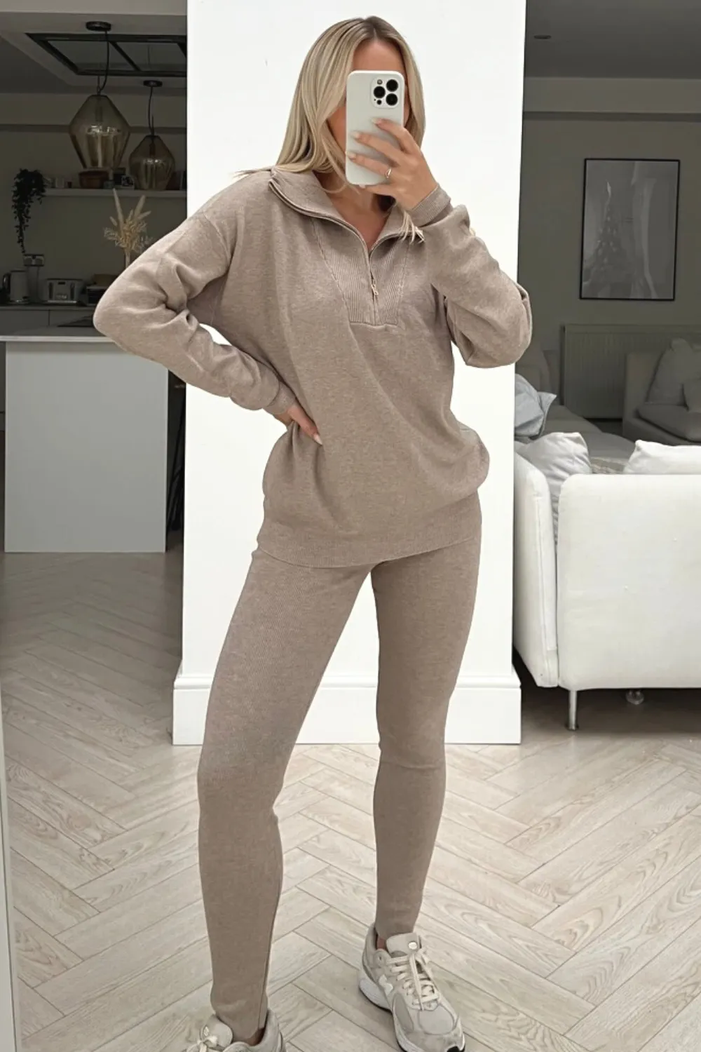 Delilah taupe 1/4 zip knitted sweater loungewear set