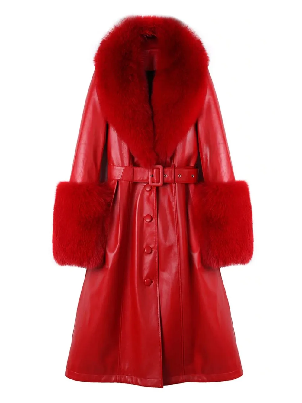 Faux Fur Genuine Leather Coat in Red