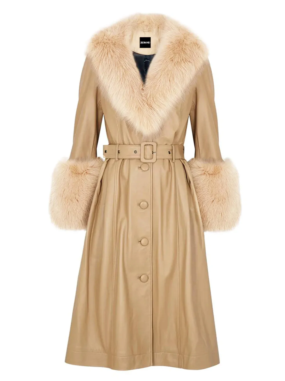 Faux Fur Genuine Leather Coat in Tan