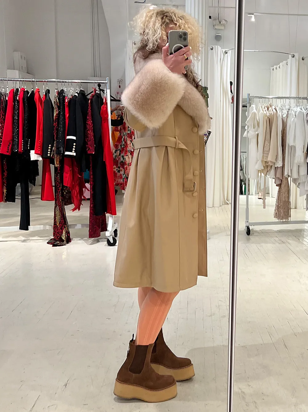 Faux Fur Genuine Leather Coat in Tan