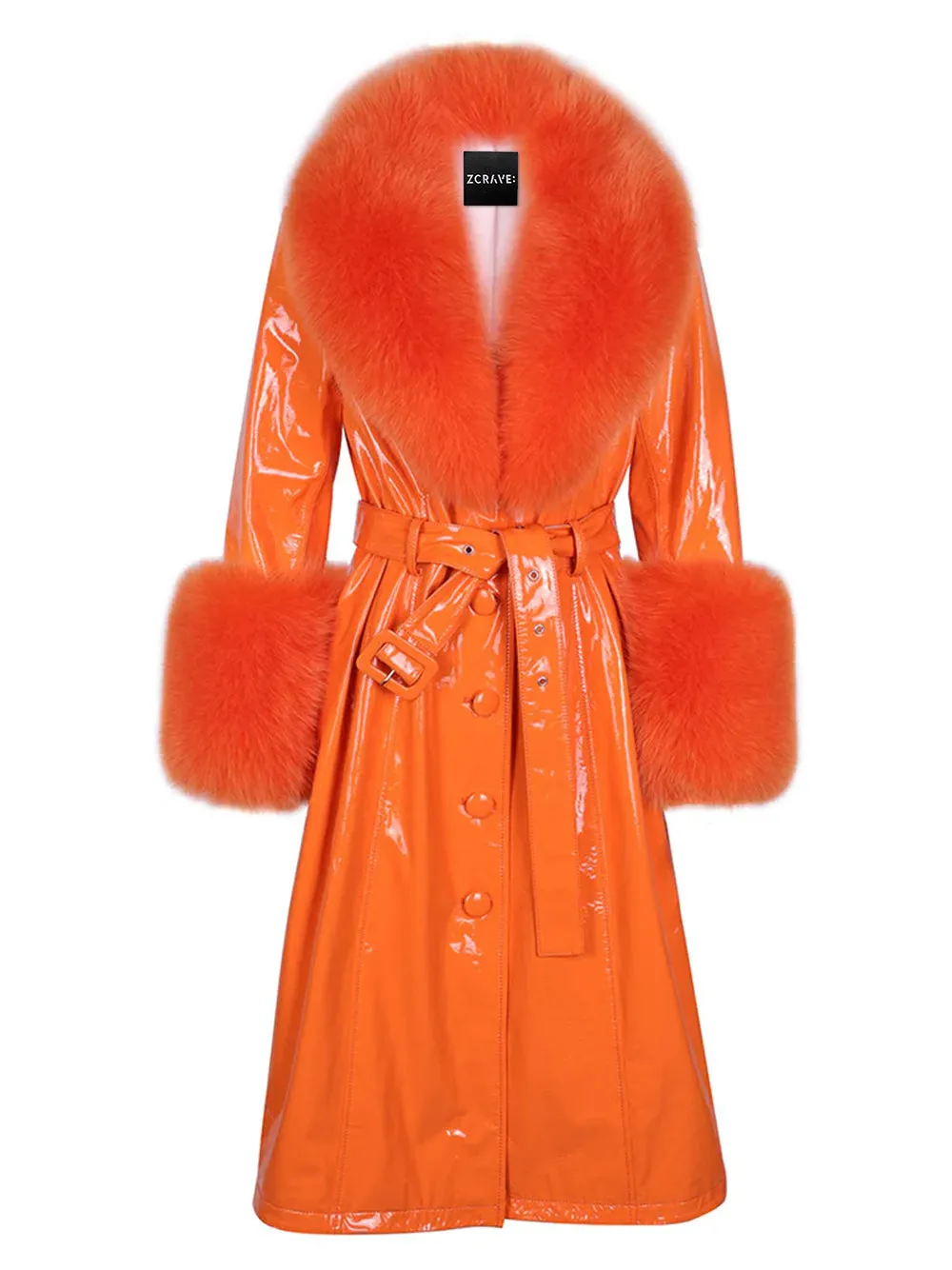 Faux Fur Genuine Patent Leather Coat in Orange