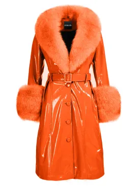 Faux Fur Genuine Patent Leather Coat in Orange