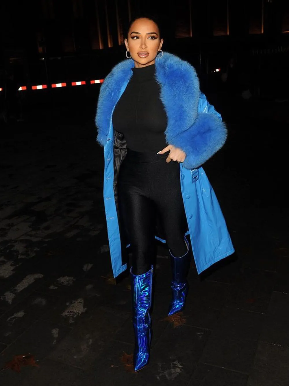 Faux Fur Patent Leather Coat in Blue