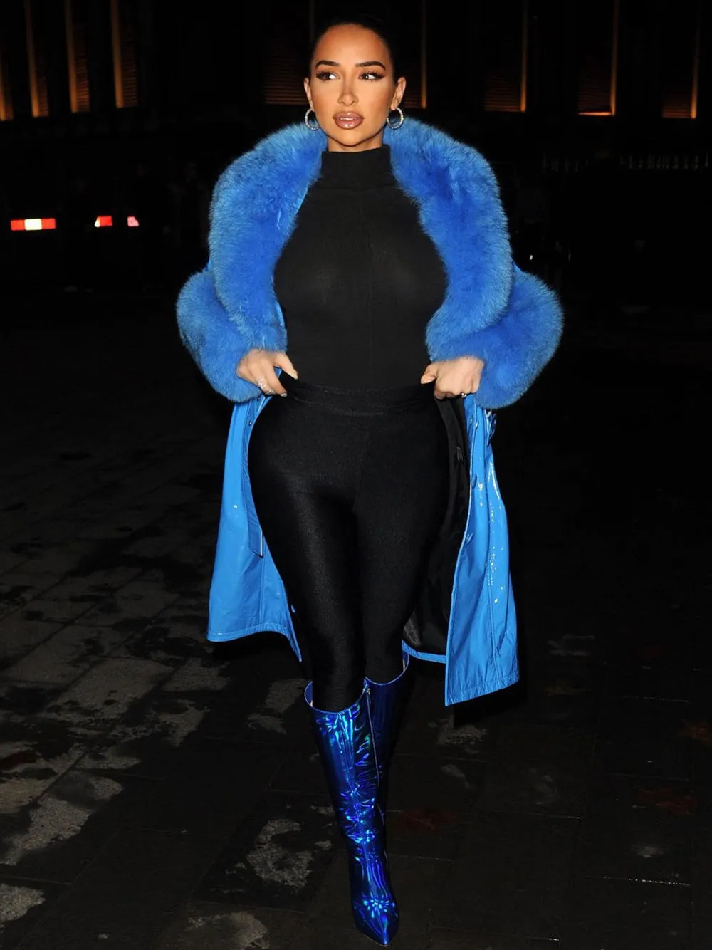 Faux Fur Patent Leather Coat in Blue