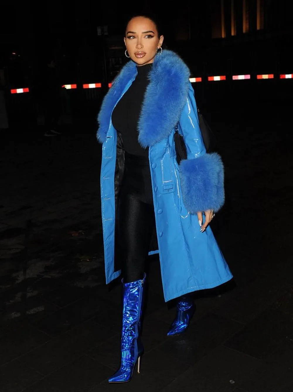 Faux Fur Patent Leather Coat in Blue