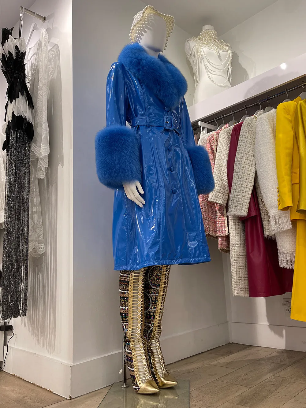 Faux Fur Patent Leather Coat in Blue