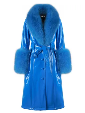 Faux Fur Patent Leather Coat in Blue