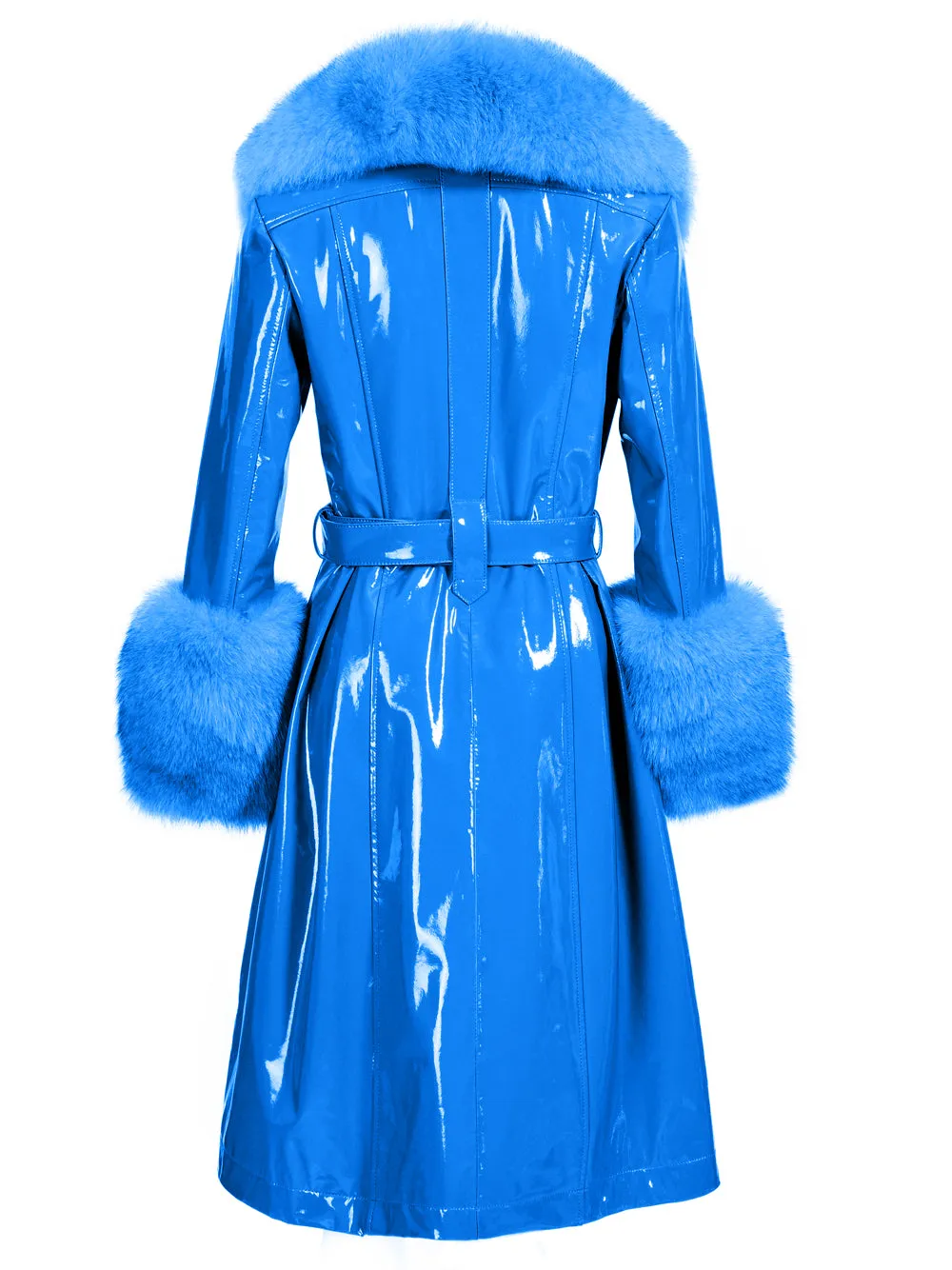 Faux Fur Patent Leather Coat in Blue