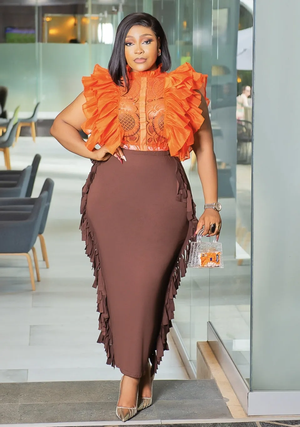 FRINGY BOSS LADY- High Waist Pencil LONG Skirt