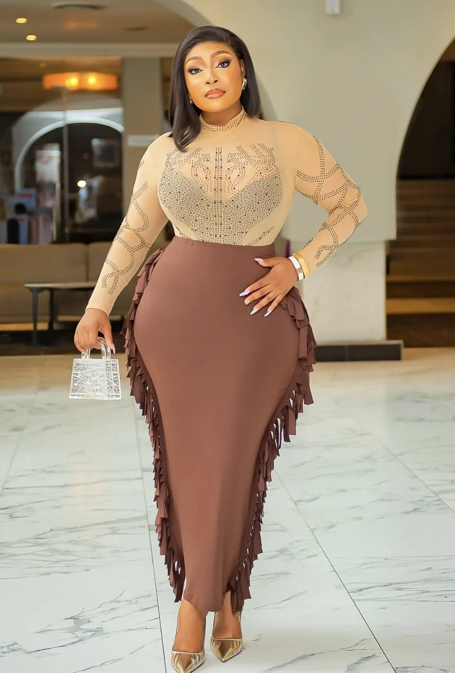 FRINGY BOSS LADY- High Waist Pencil LONG Skirt