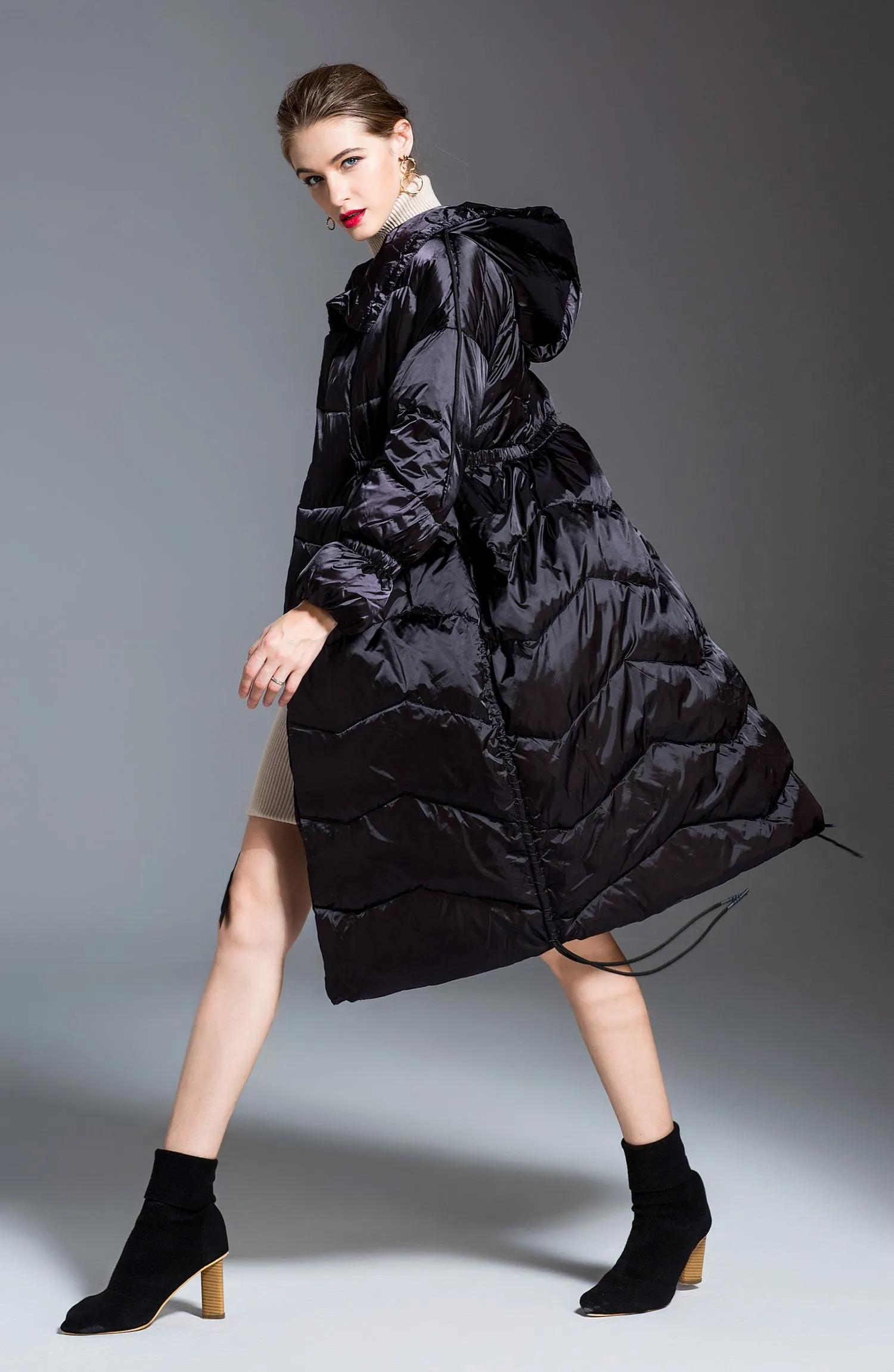 Glossy Hooded Drawcord Down Puffer Coat