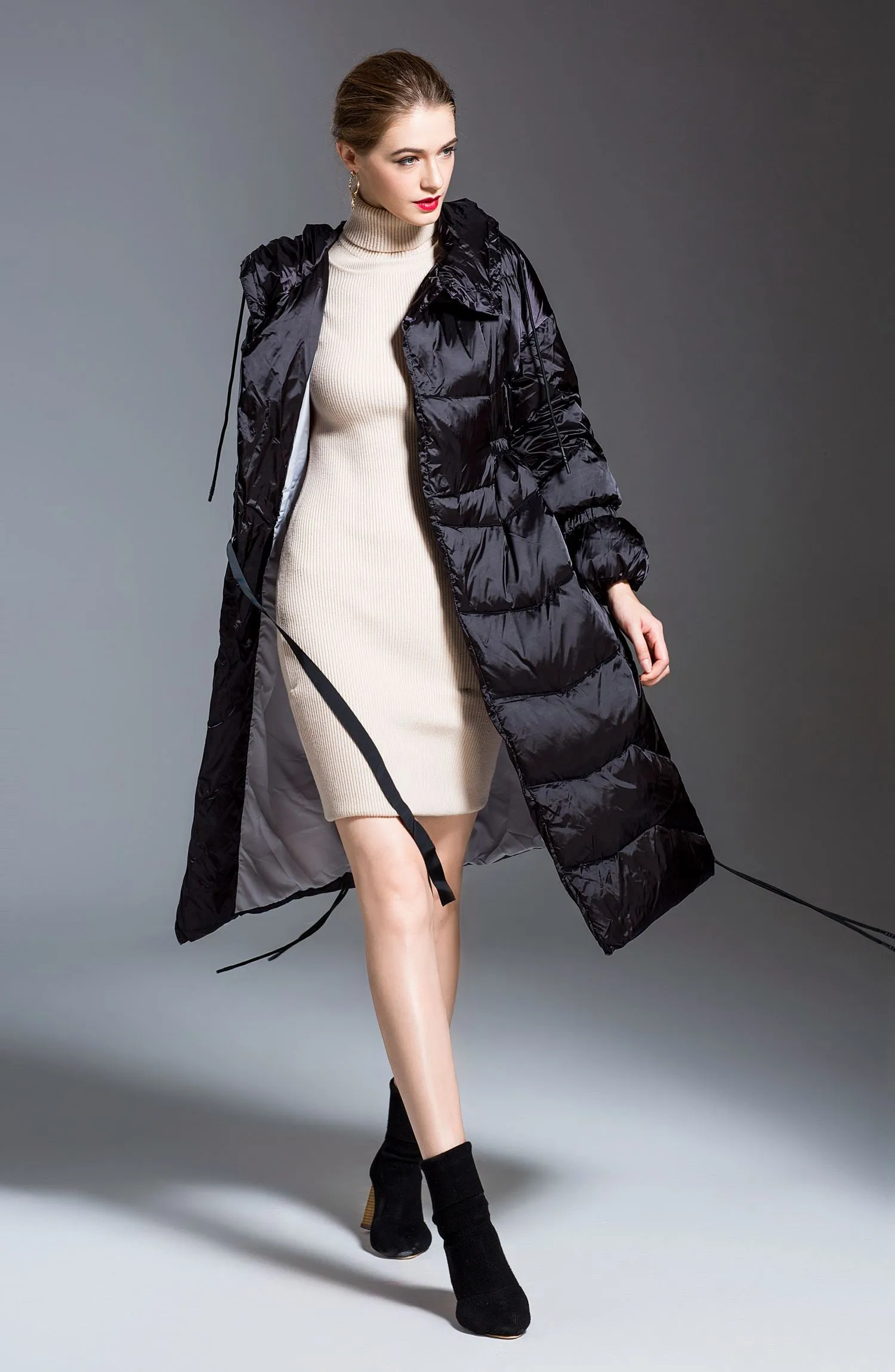 Glossy Hooded Drawcord Down Puffer Coat