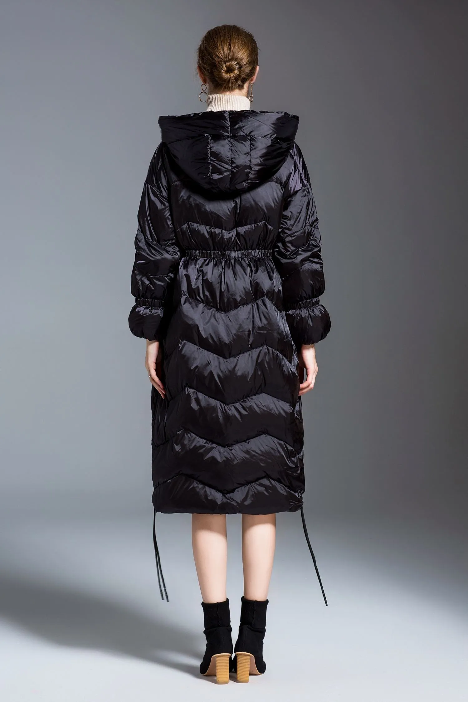 Glossy Hooded Drawcord Down Puffer Coat