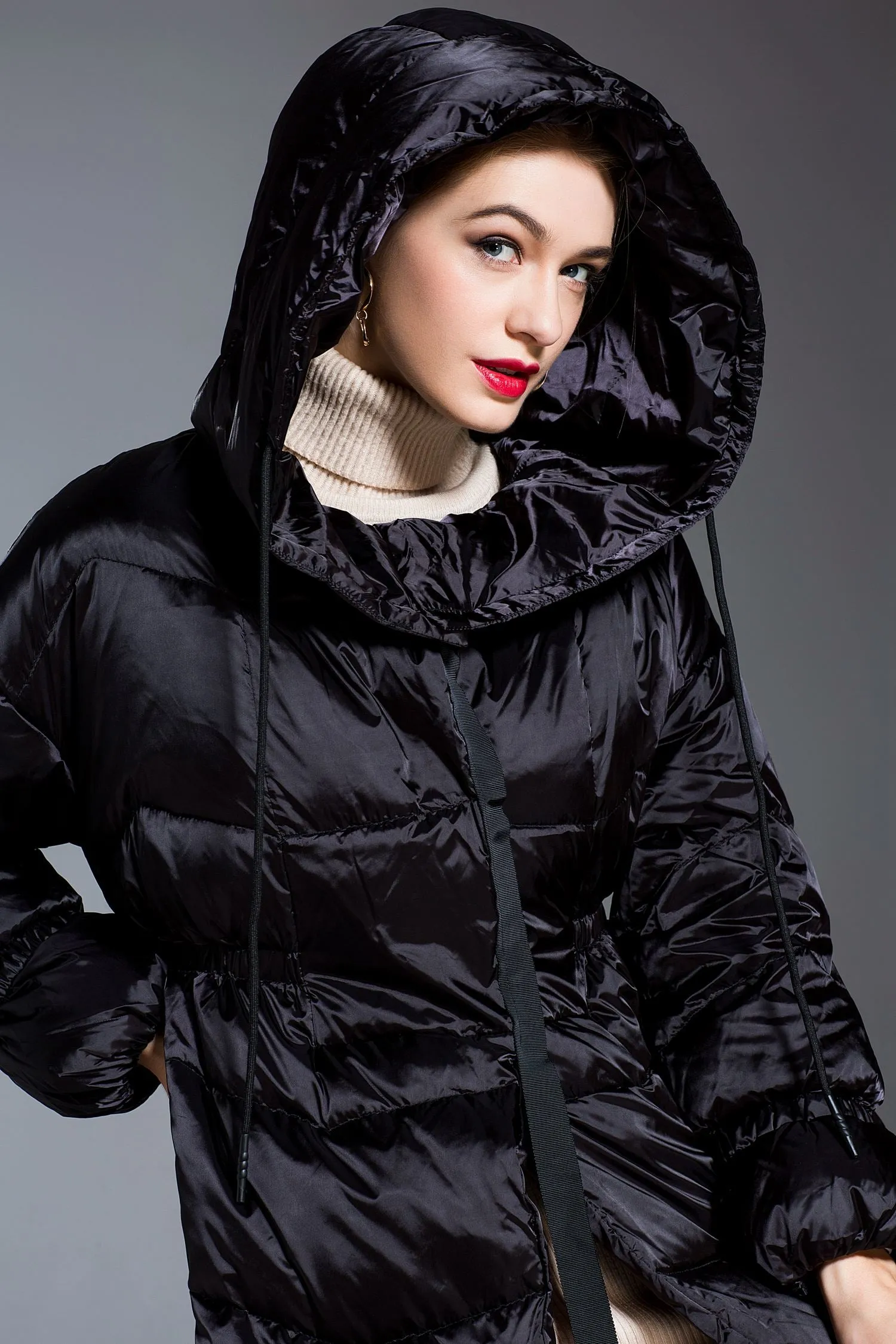 Glossy Hooded Drawcord Down Puffer Coat