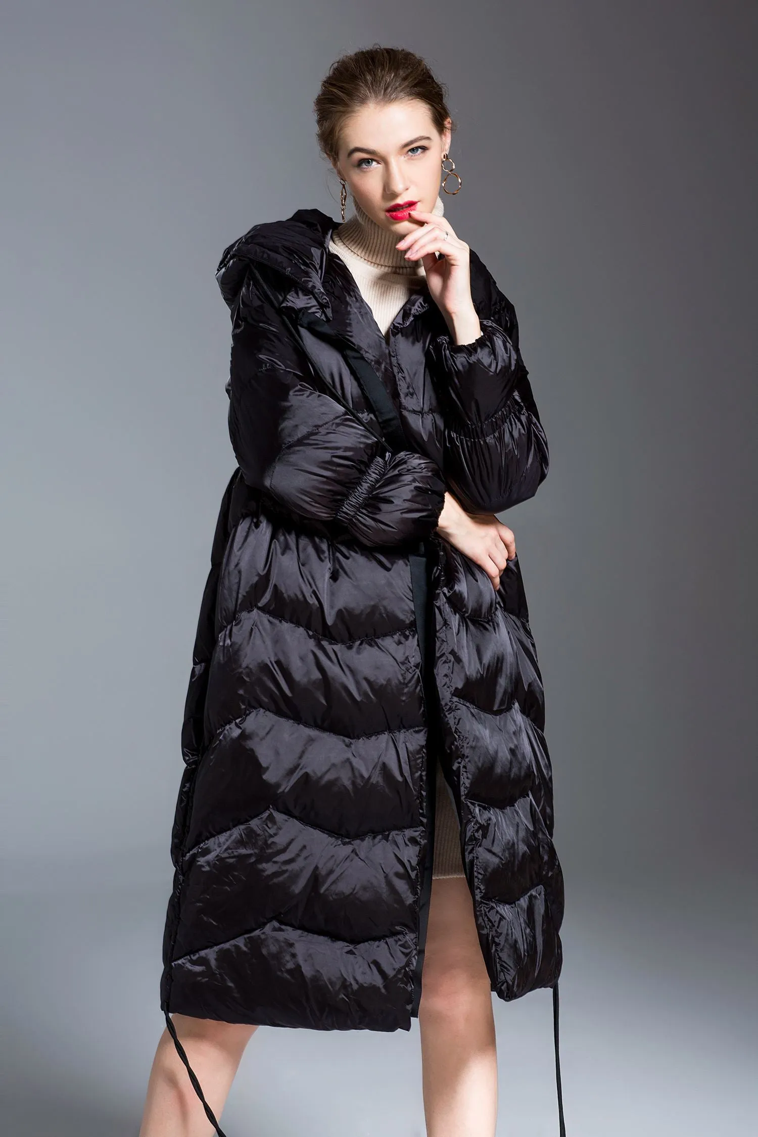 Glossy Hooded Drawcord Down Puffer Coat